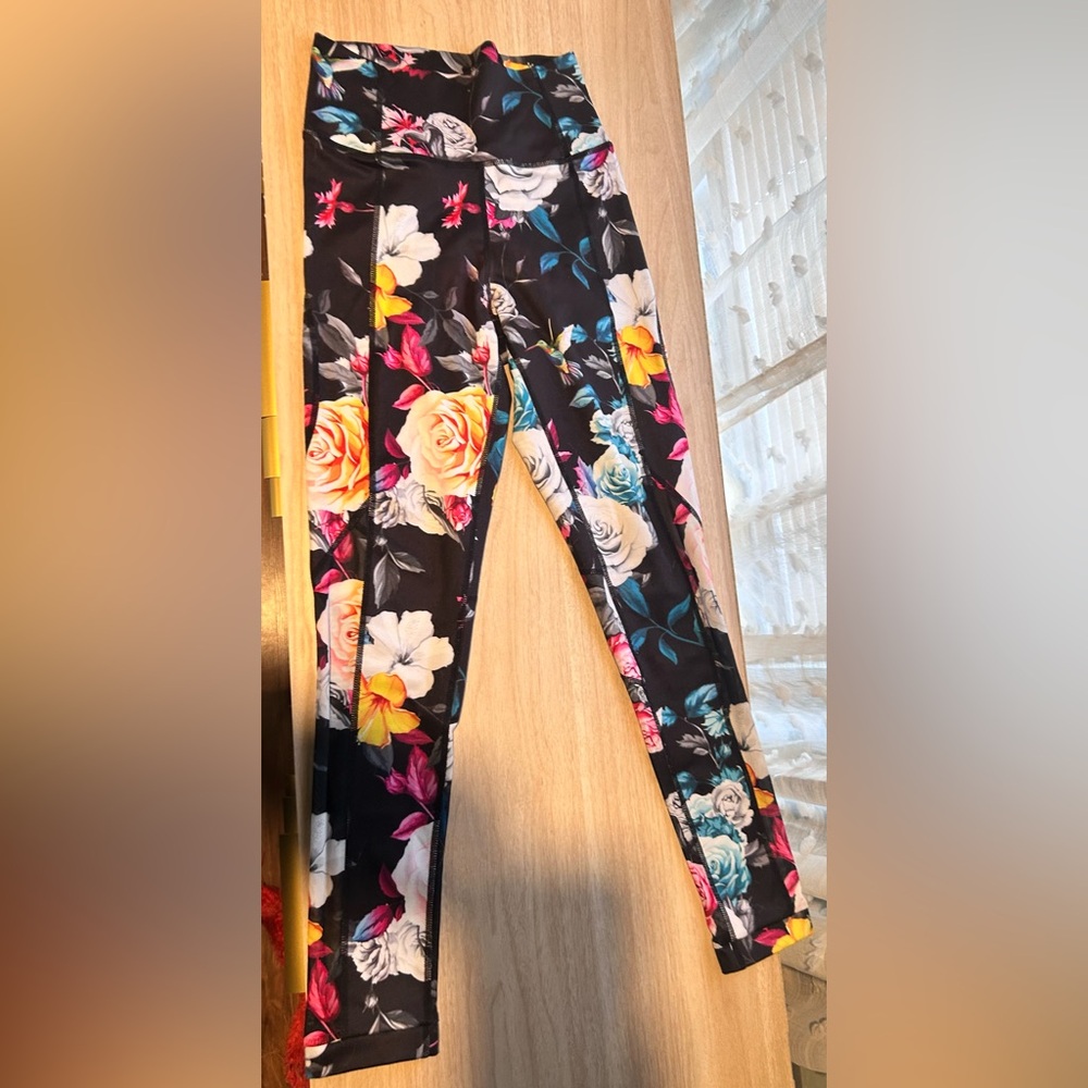 ZYIA Black Floral Active Leggings with White and Pink Accents